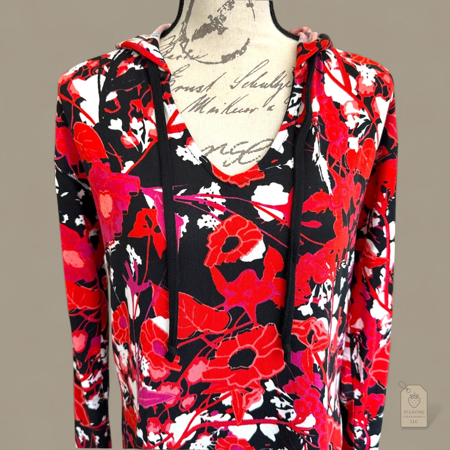 LuLaRoe Eliza Hoodie Sweatshirt Women’s Small Red Black White Floral Print Long Sleeve