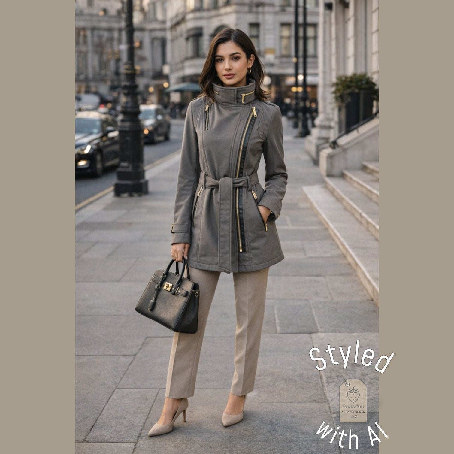 MICHAEL Michael Kors Grey Softshell Trench Coat XS Gold Hardware Faux Fur Lined