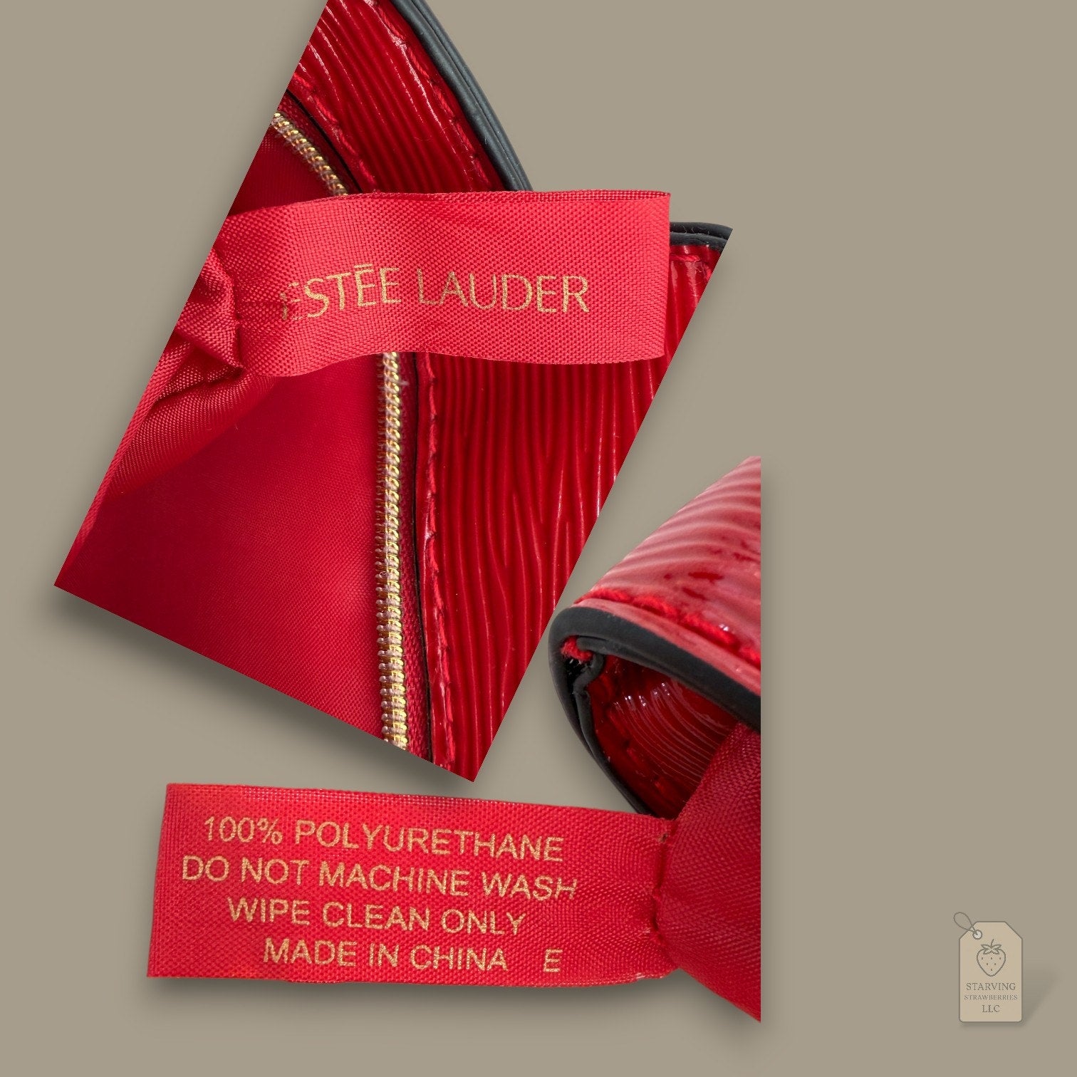 Estée Lauder Red Faux Epi Leather Cosmetic Bag Trapezoid Makeup Pouch L: 10.25"