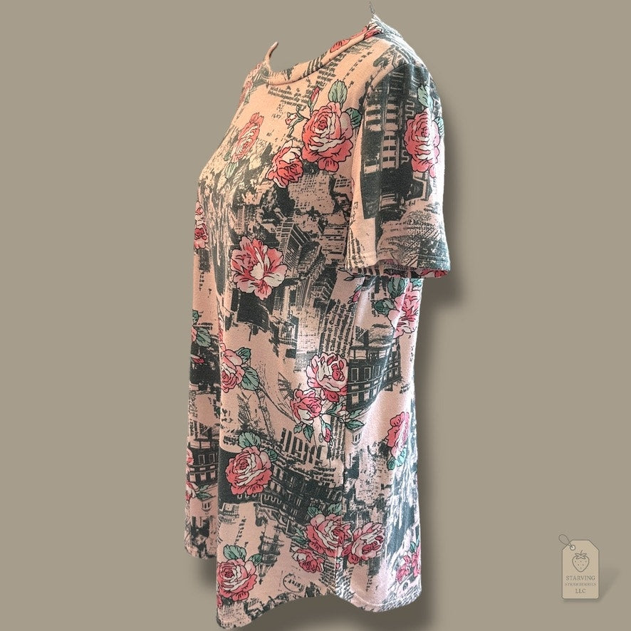 Coco Kelly Floral Newsprint Tunic Top Pink Green Rose Print Made in USA Sz L