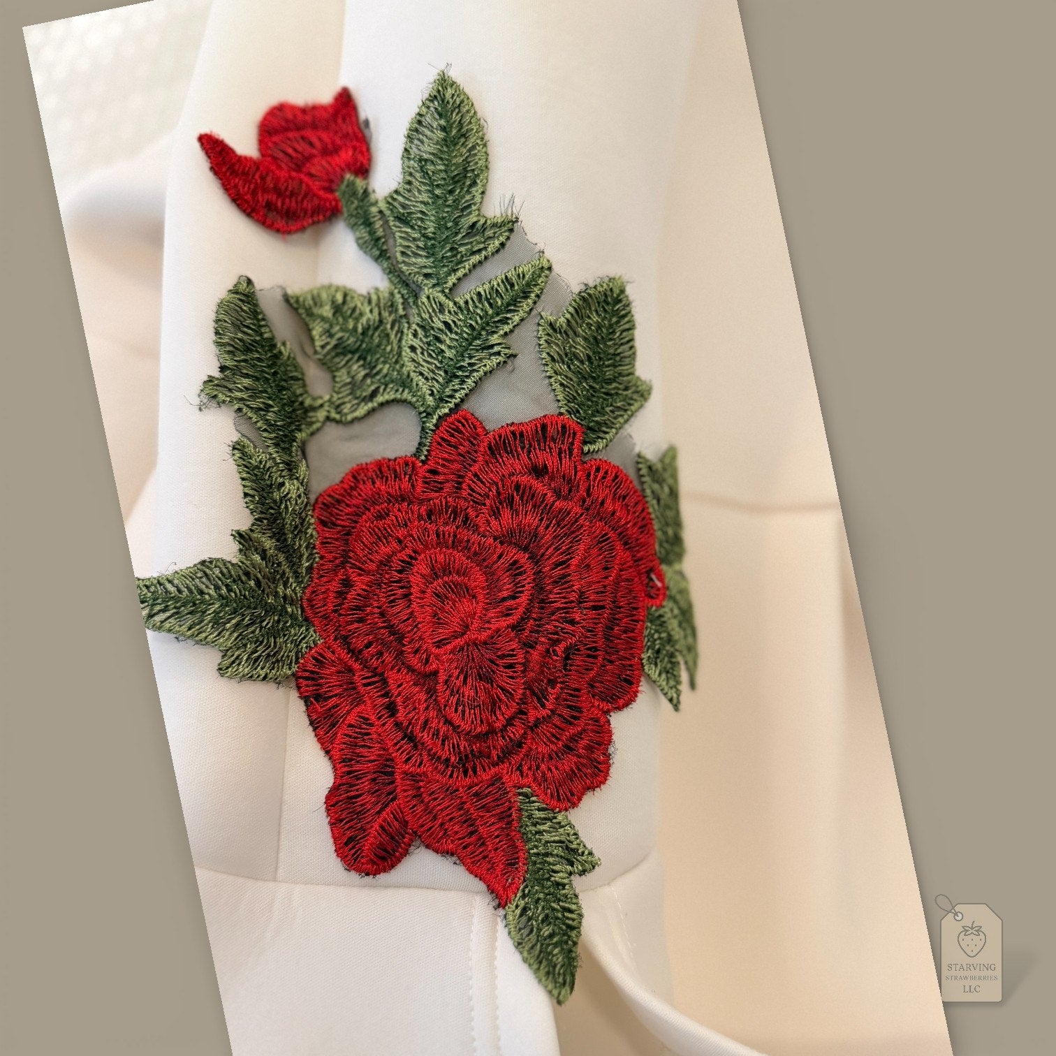 WHY DRESS Classic White Mock Neck Top w/ Rose Embroidery & Bell Sleeves - XL