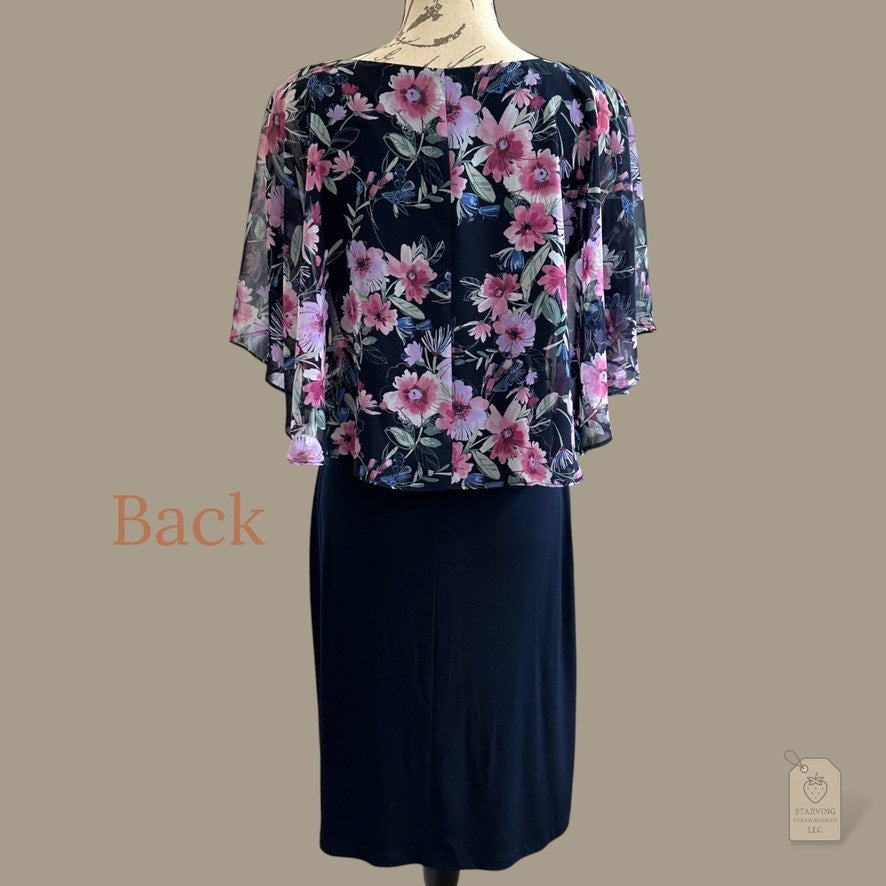Navy Sheath Dress with Floral Chiffon Cape Overlay Size 6 Special Occasion