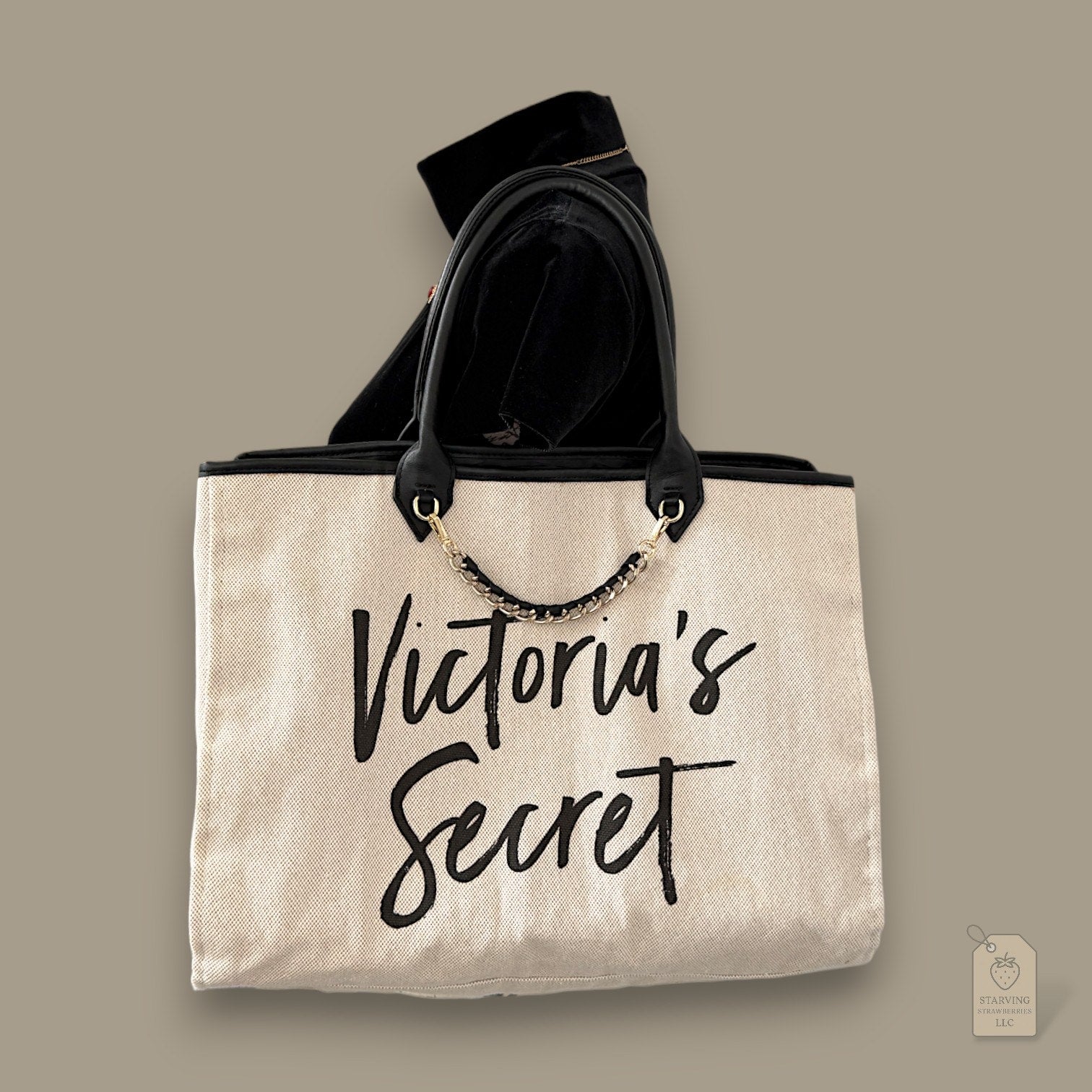 Retro 2017 Victoria's Secret Large Canvas Script Logo Tote w/ Gold Chain Accent