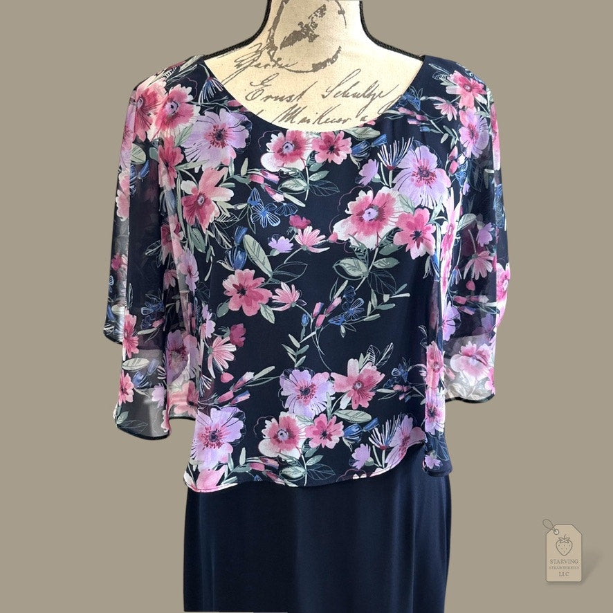 Navy Sheath Dress with Floral Chiffon Cape Overlay Size 6 Special Occasion