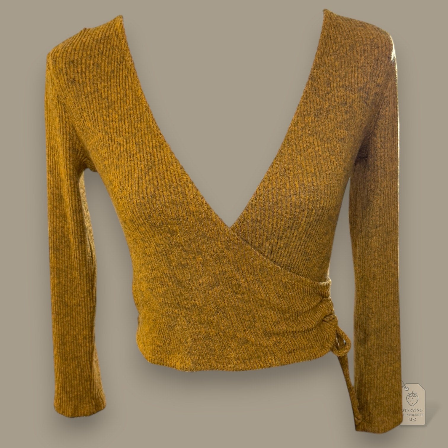Timing Mustard Ribbed Wrap Deep V Sweater Top Medium