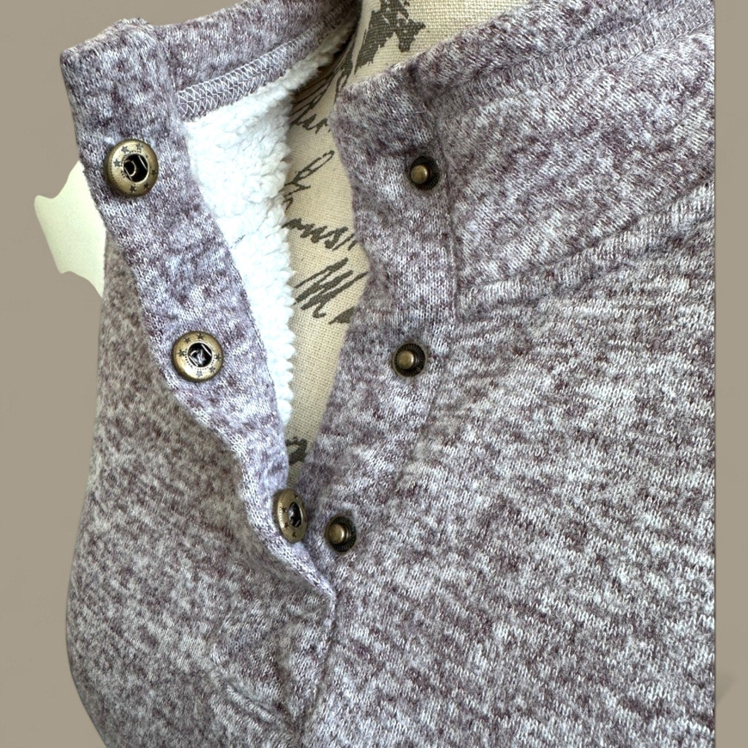 Sherpa Lined 1/4 Snap Fleece Pullover Sweater Heather Lavender Purple S