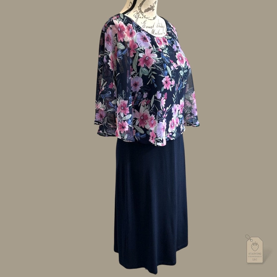 Navy Sheath Dress with Floral Chiffon Cape Overlay Size 6 Special Occasion