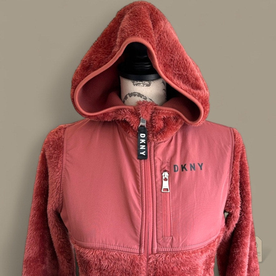 DKNY Sport Girls Faux Fur Hoodie Jacket L 14/16 Coral Rust Zip Front Sherpa Fleece