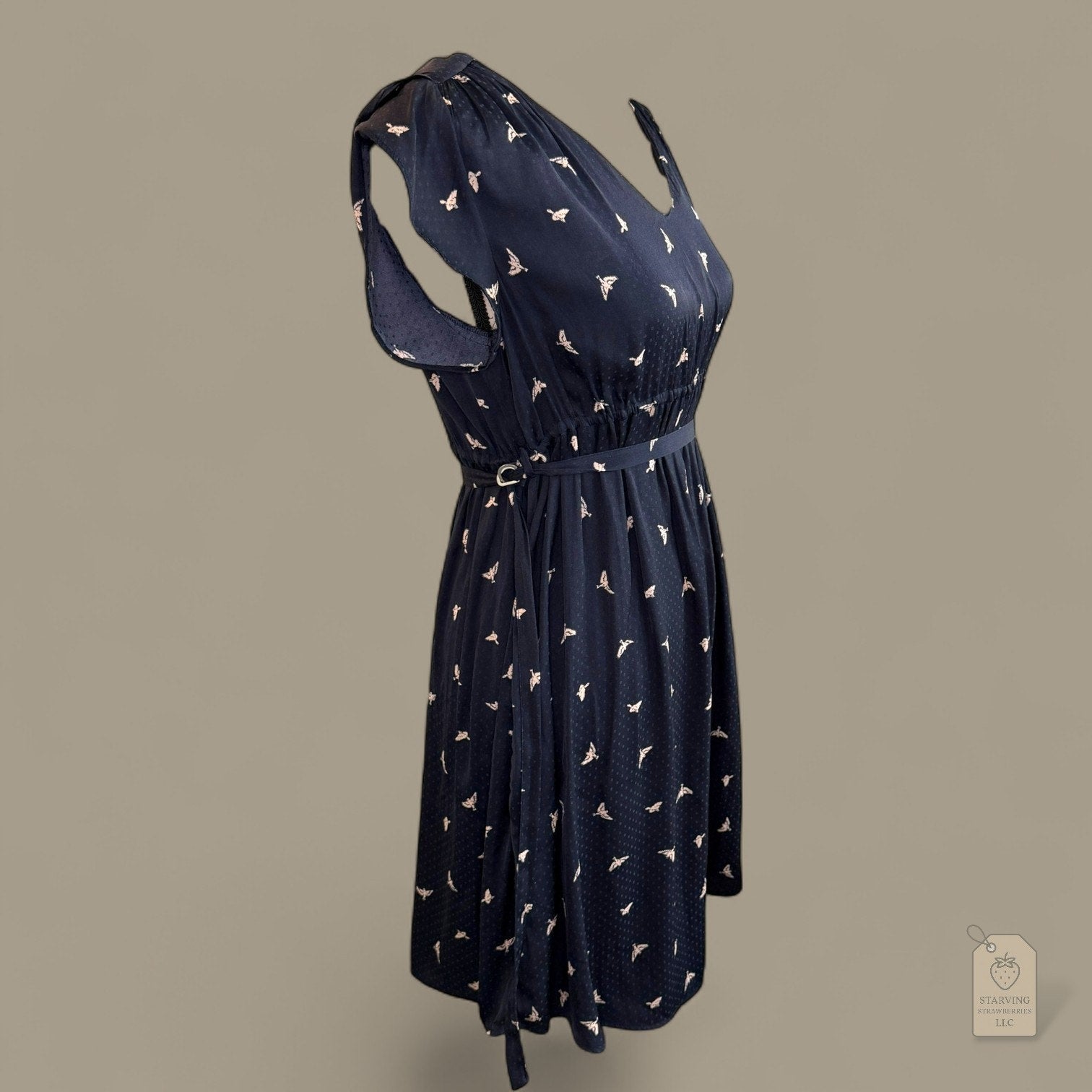 H&M Mama Navy Bird Print Dress | Flutter Sleeve Belted V-Neck | Maternity Small