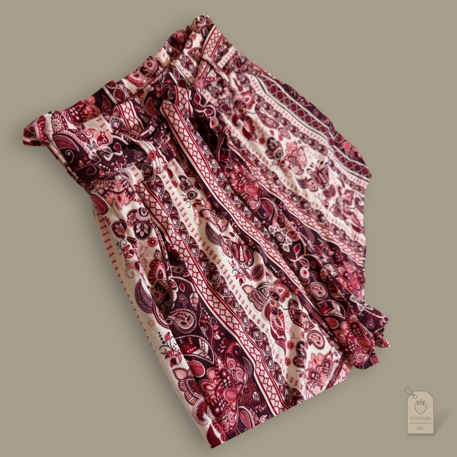 Classic Shosho Paisley Paperbag Waist Shorts & Self-Tie Belt Burgundy