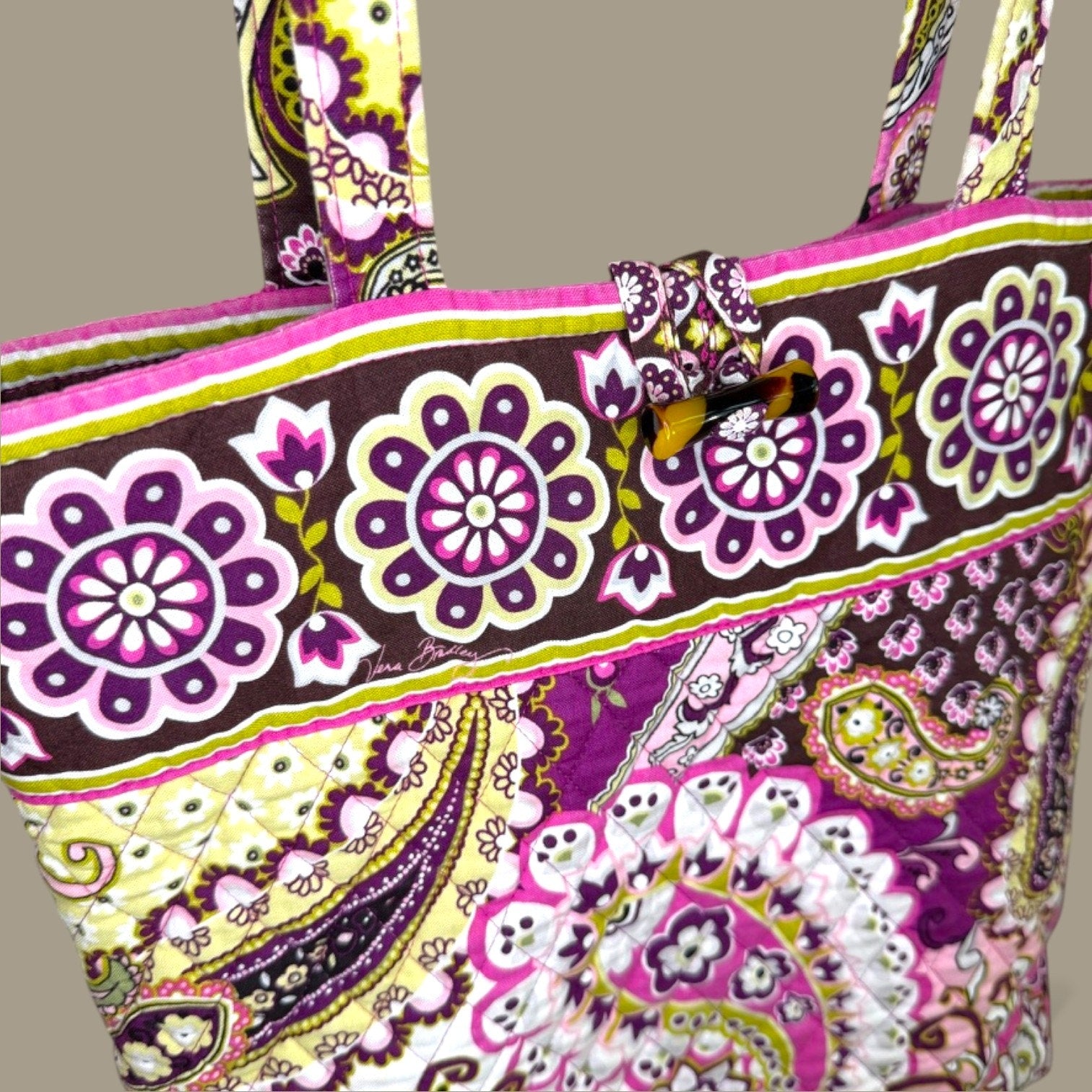 Vera Bradley Quilted Tote Bag Paisley Floral Pink Brown Yellow