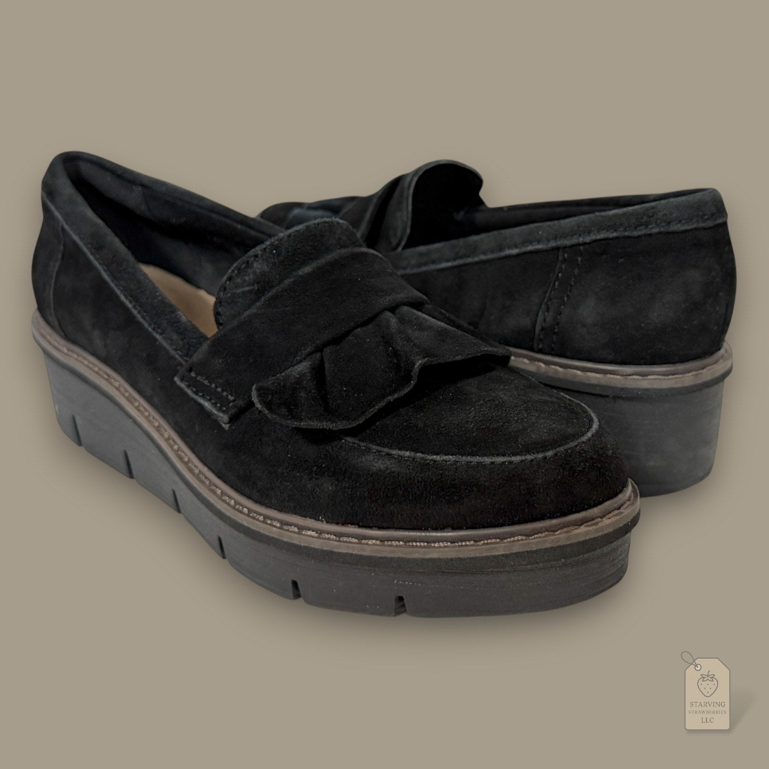 Clarks Collection Black Suede Ruffle Penny Loafers & Ultimate Comfort