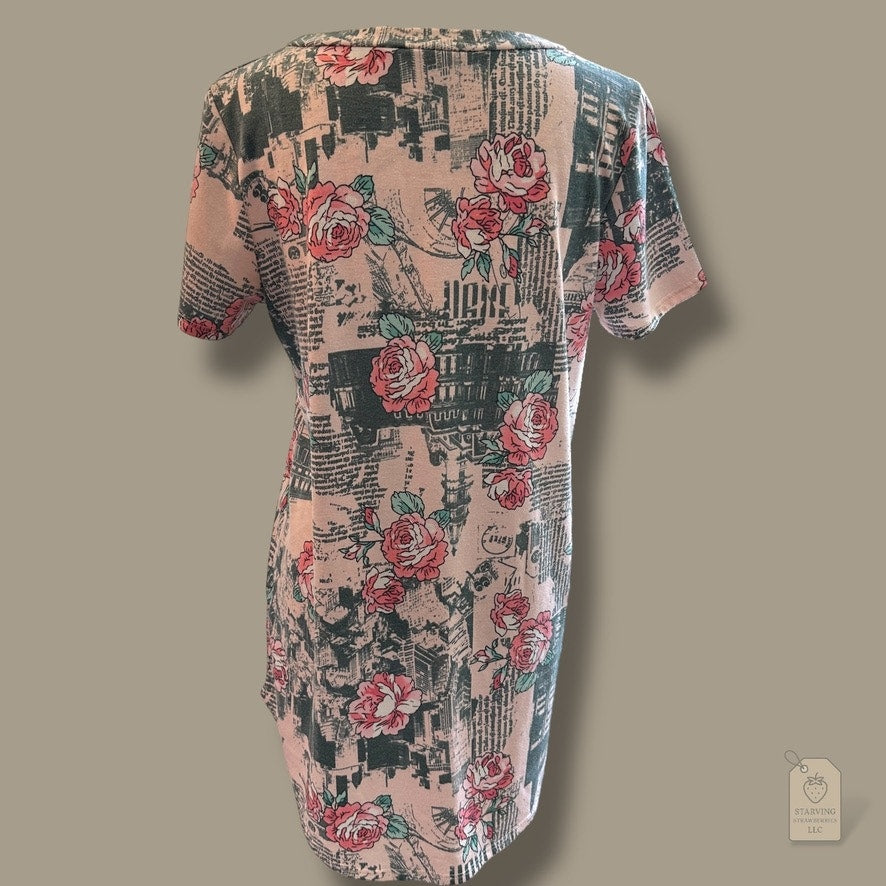 Coco Kelly Floral Newsprint Tunic Top Pink Green Rose Print Made in USA Sz L