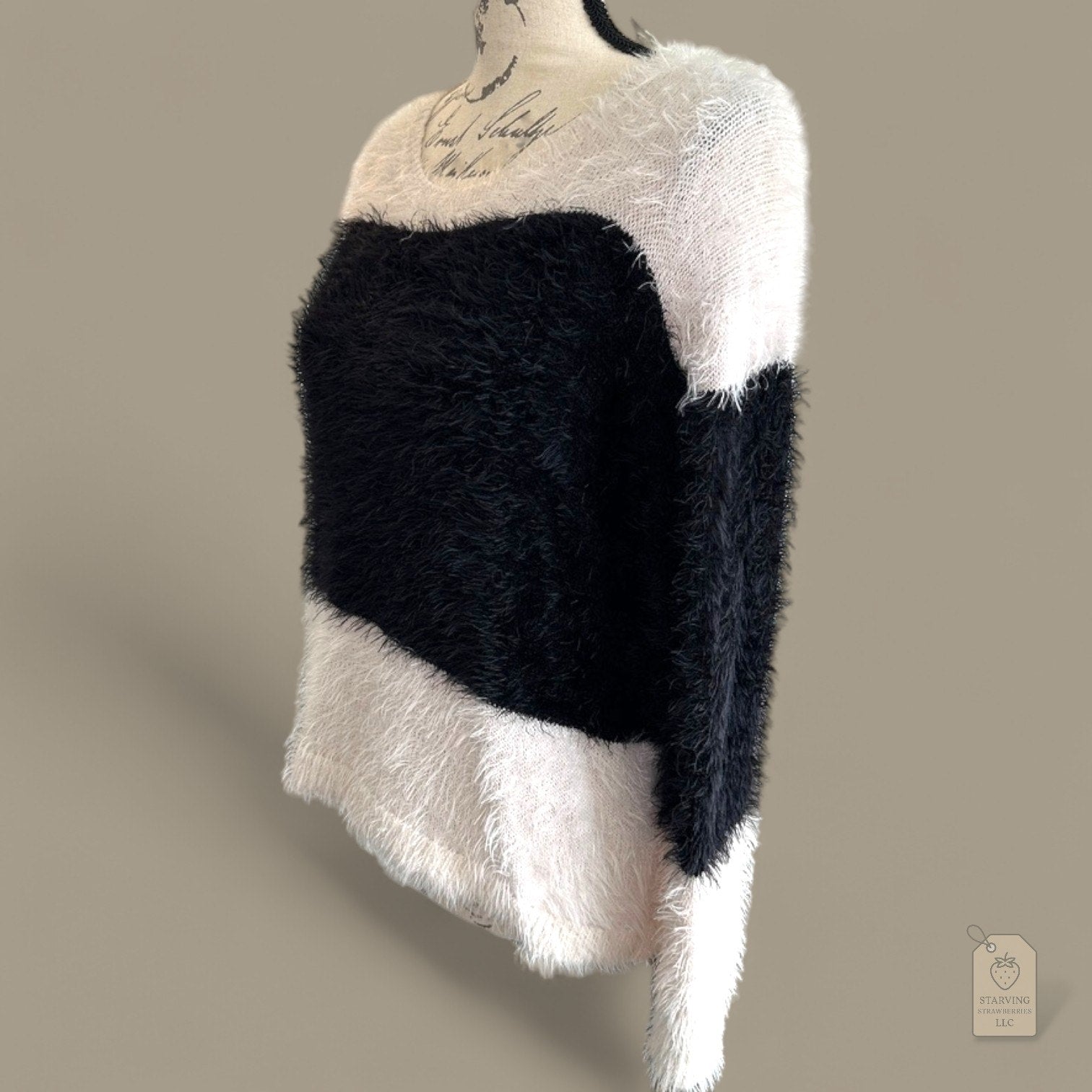 Vince Camuto PS Fuzzy Colorblock Sweater White Black Eyelash Knit Pullover