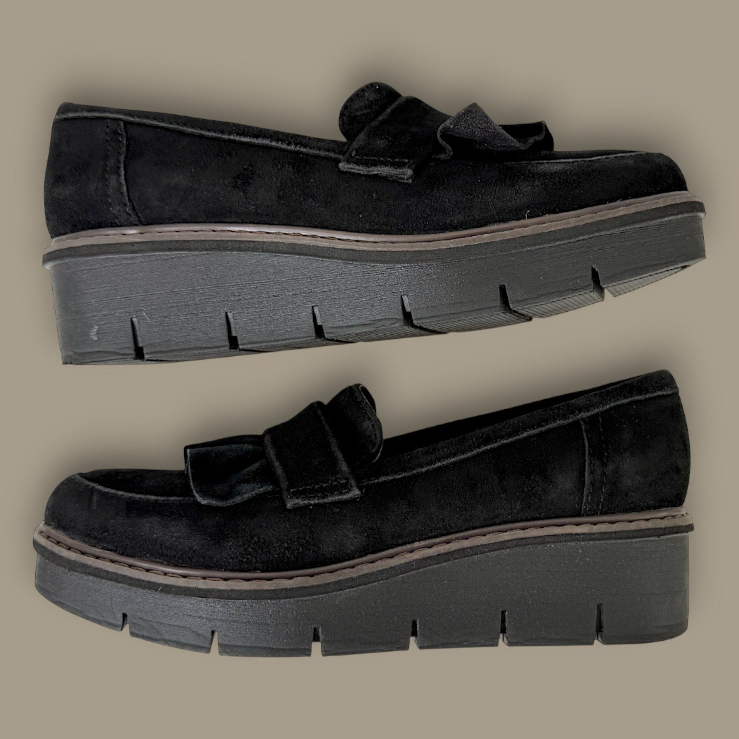 Clarks Collection Black Suede Ruffle Penny Loafers & Ultimate Comfort