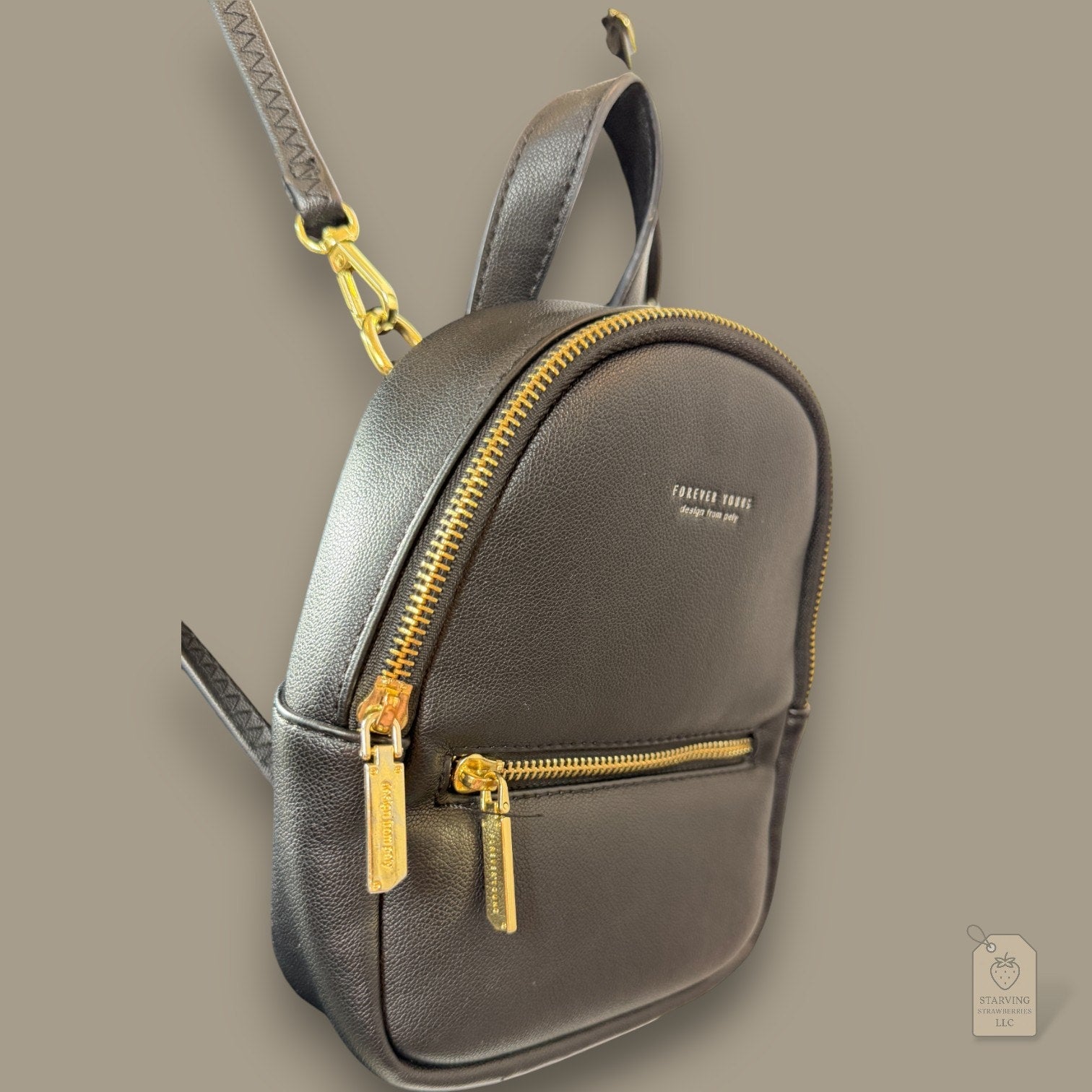 Forever Young Black Mini Backpack Convertible Crossbody Bag w/ Gold Hardware
