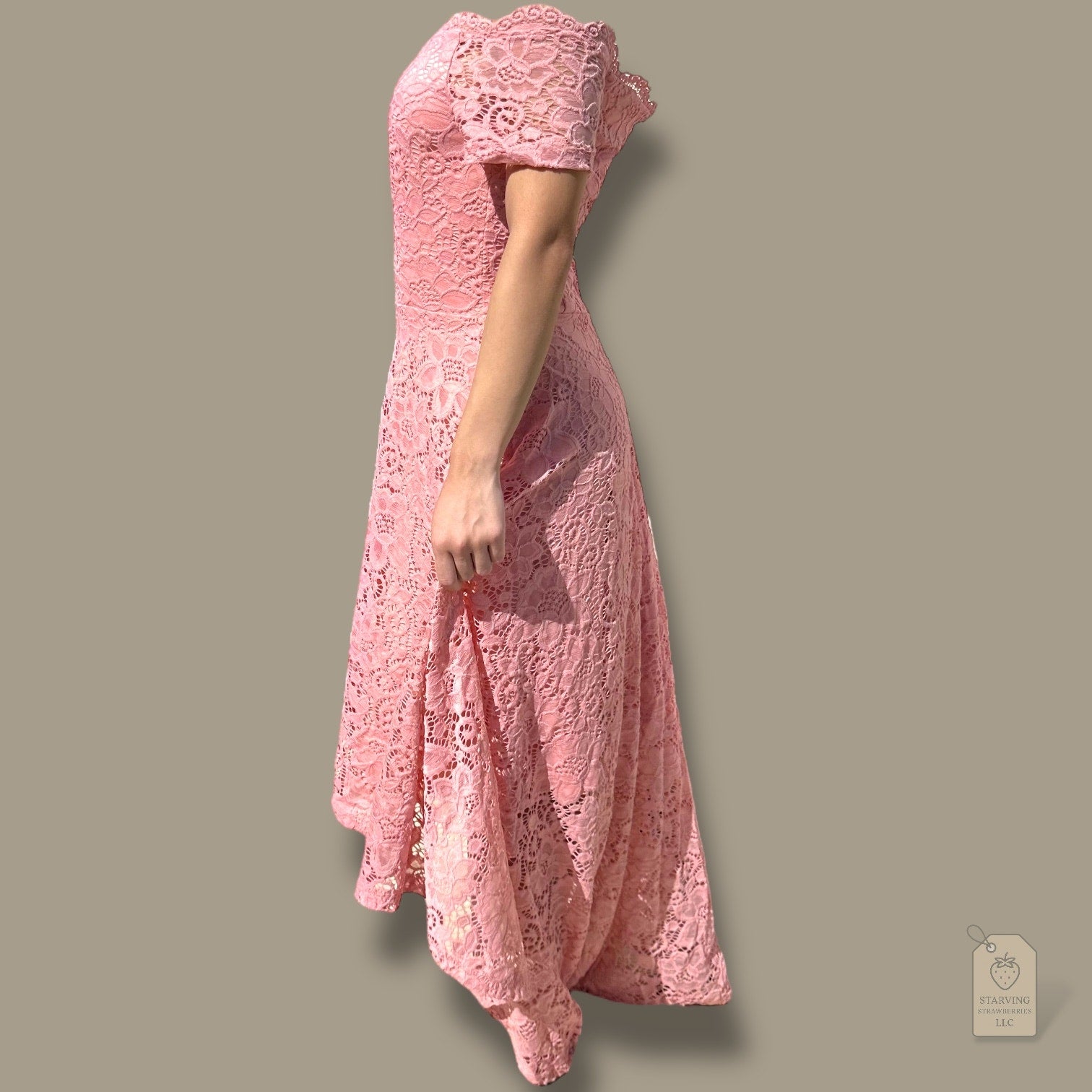 Dressystar Blush Pink Lace Hi-Lo Dress XS Off Shoulder Cocktail Wedding Guest