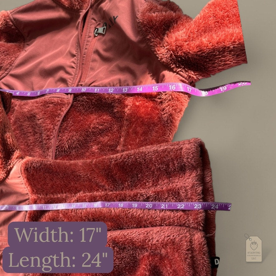DKNY Sport Girls Faux Fur Hoodie Jacket L 14/16 Coral Rust Zip Front Sherpa Fleece