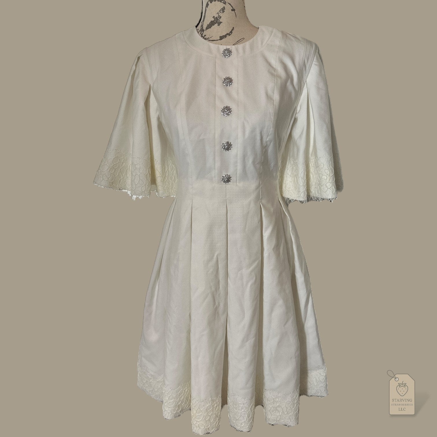 Huishan Zhang White Fit & Flare Dress | Lace Bell Sleeves & Crystal Button Detail | Size 6
