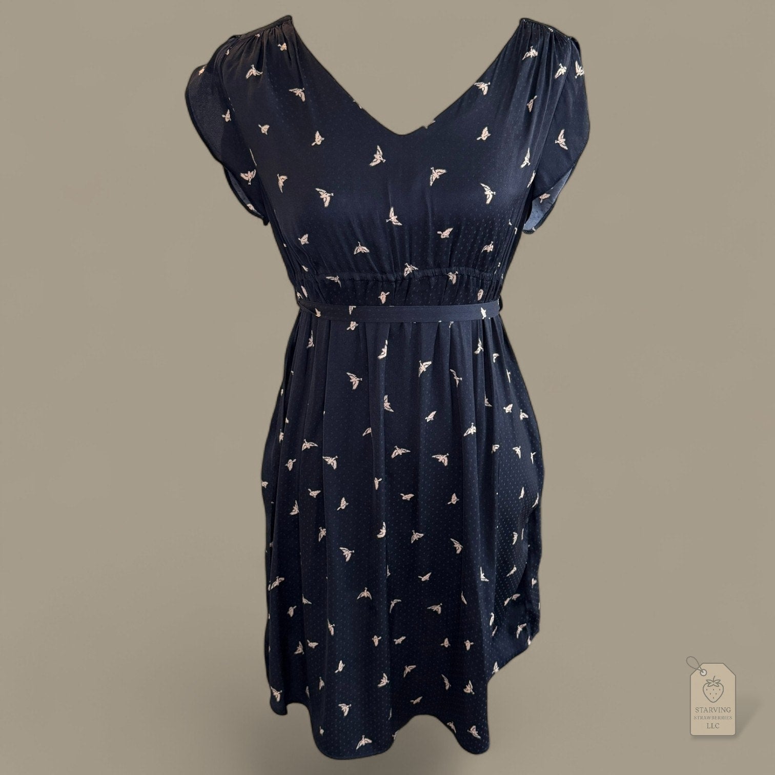 H&M Mama Navy Bird Print Dress | Flutter Sleeve Belted V-Neck | Maternity Small