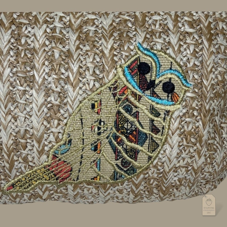 Sakroots Owl Embroidered Straw Crossbody Bag Brown Woven Boho Purse