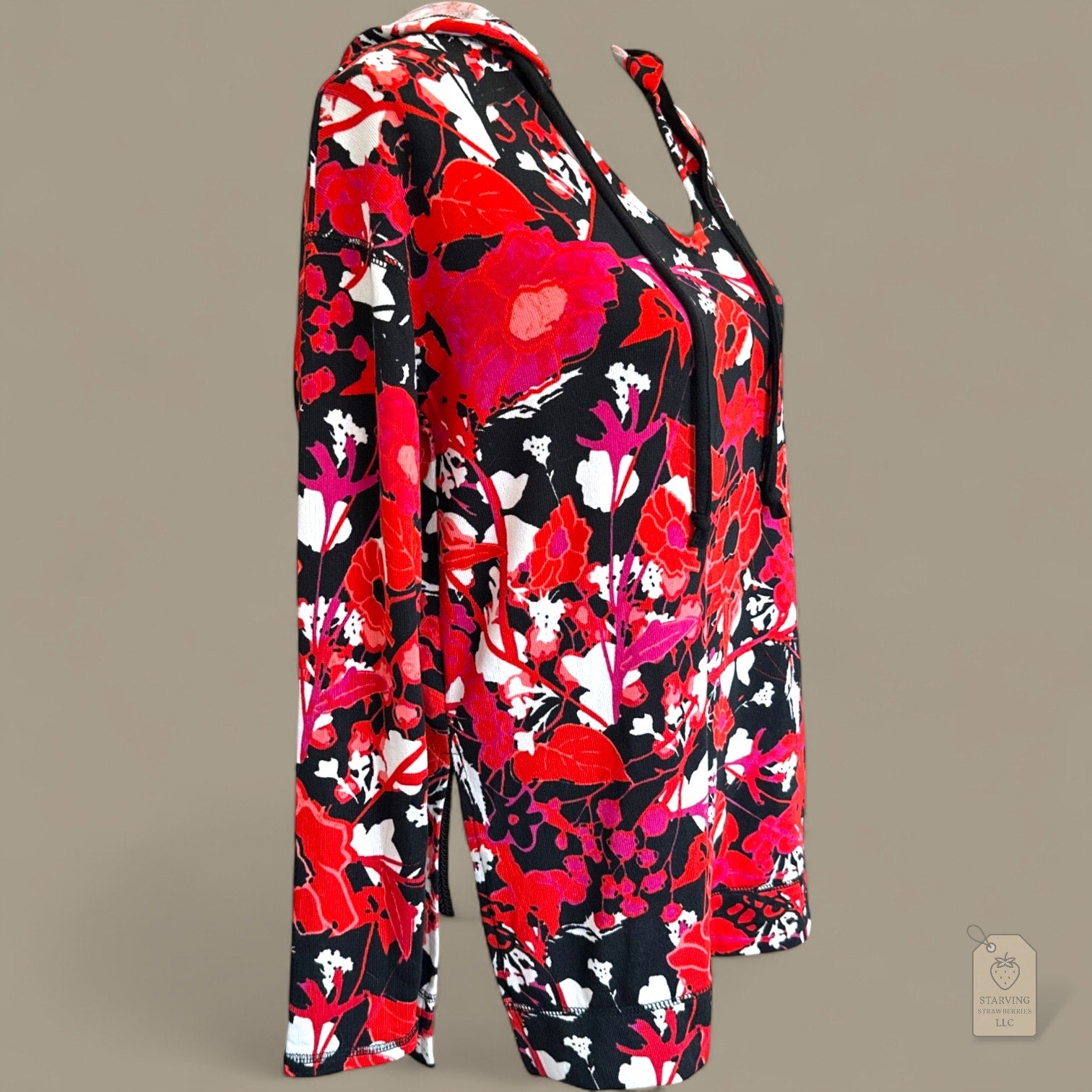 LuLaRoe Eliza Hoodie Sweatshirt Women’s Small Red Black White Floral Print Long Sleeve