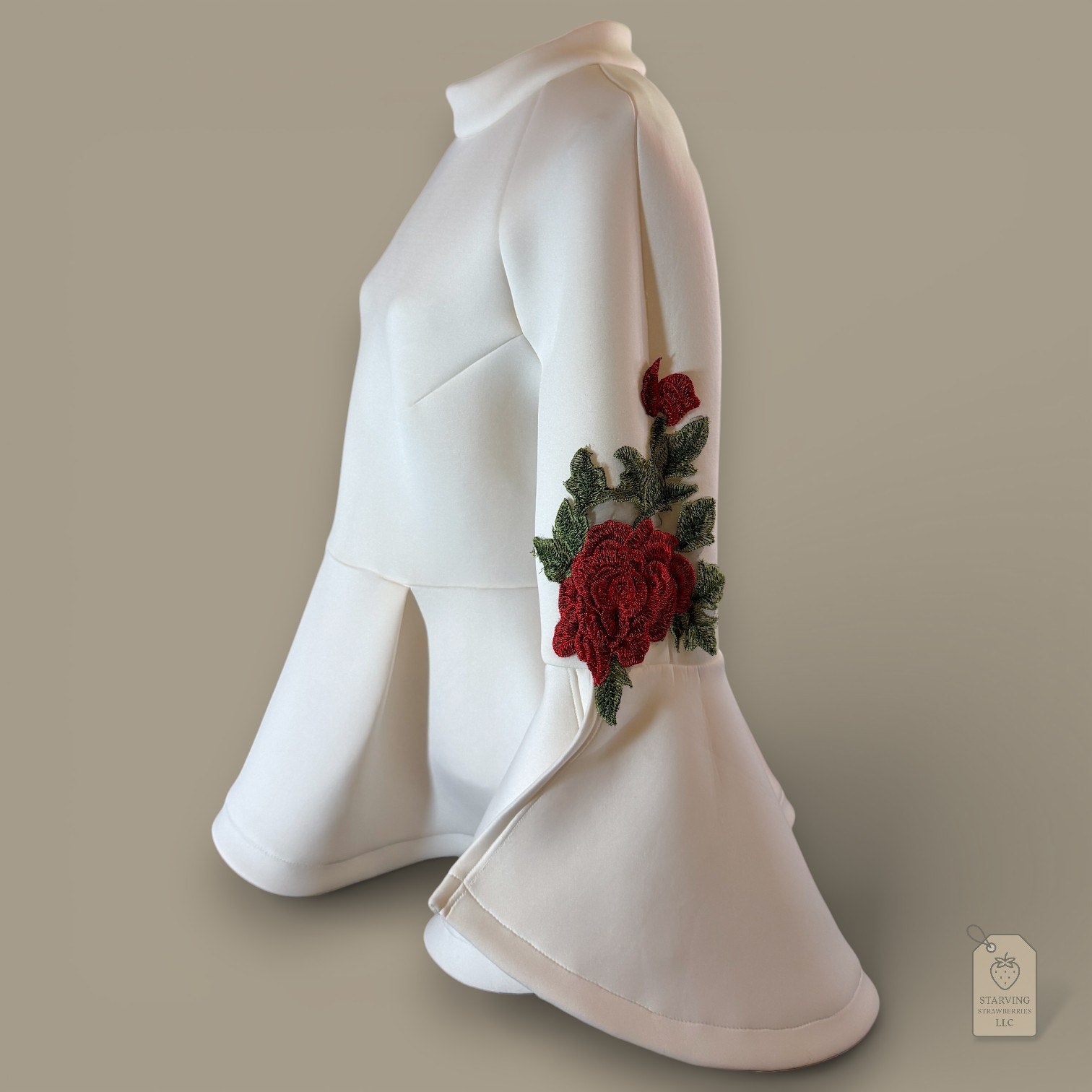 WHY DRESS Classic White Mock Neck Top w/ Rose Embroidery & Bell Sleeves - XL