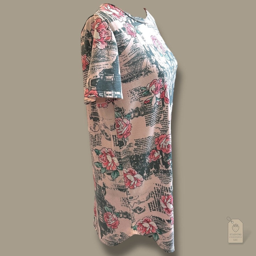 Coco Kelly Floral Newsprint Tunic Top Pink Green Rose Print Made in USA Sz L