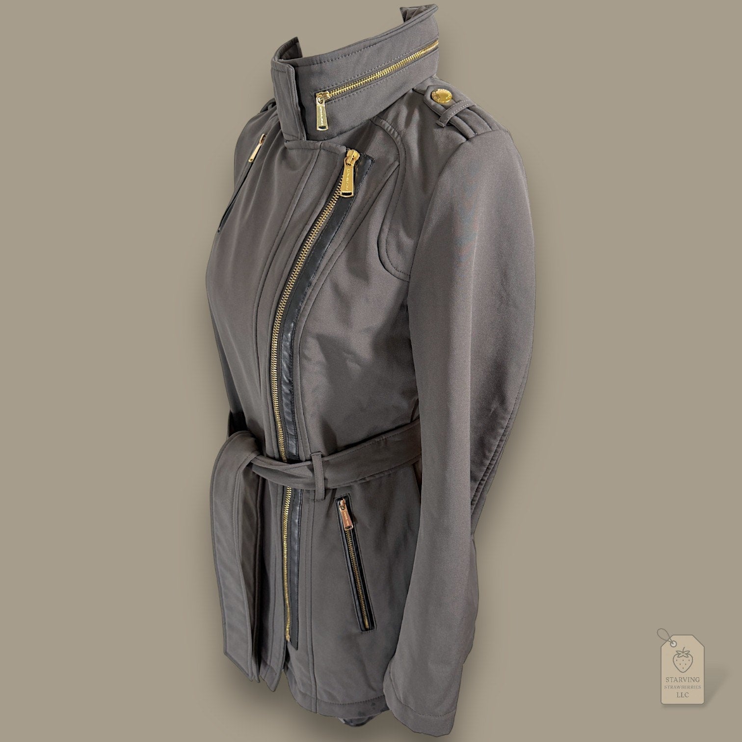 MICHAEL Michael Kors Grey Softshell Trench Coat XS Gold Hardware Faux Fur Lined