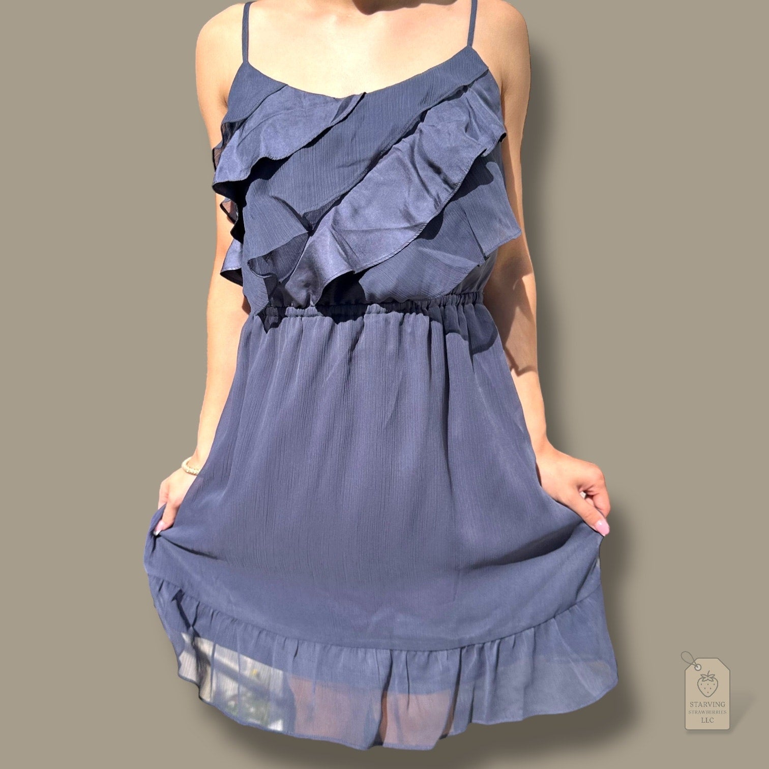 American Eagle Outfitters Navy Blue Ruffle Spaghetti Strap Chiffon Dress M