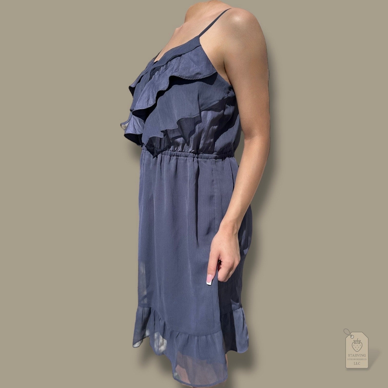 American Eagle Outfitters Navy Blue Ruffle Spaghetti Strap Chiffon Dress M