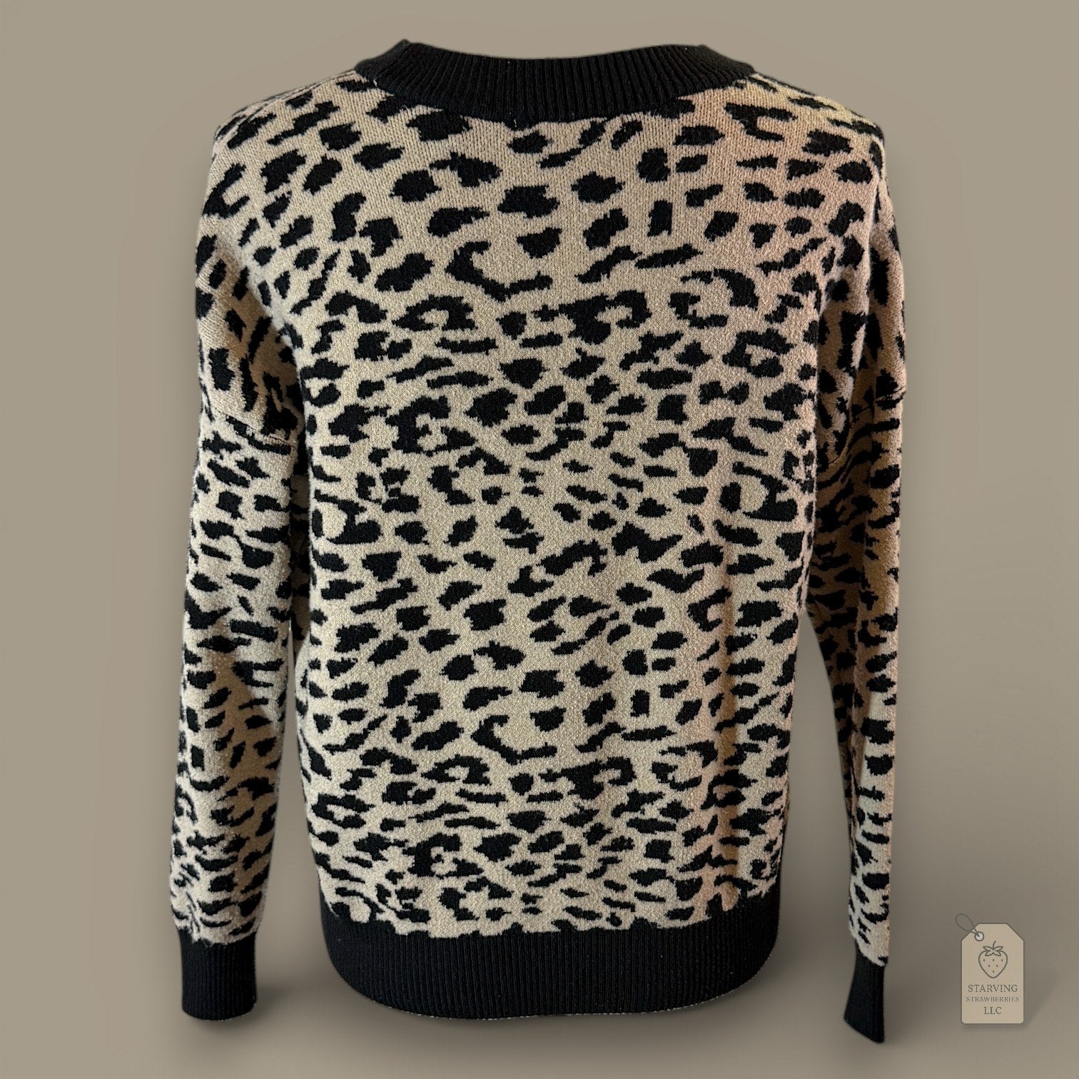 T TAHARI Classic Leopard Print Crew Neck Sweater w/ Ribbed Trim - XS