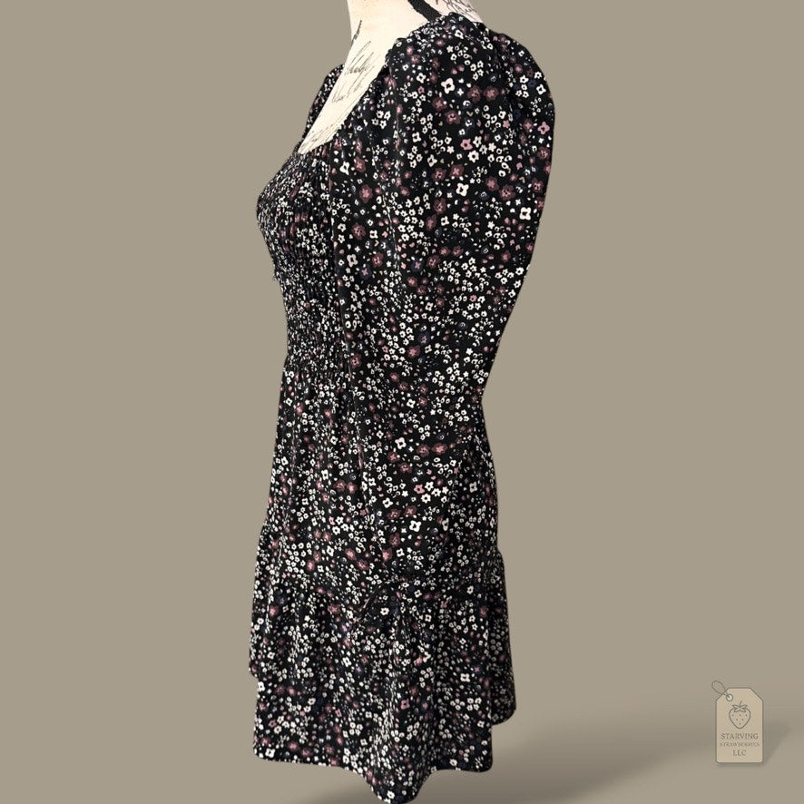 Topshop Smocked Floral Mini Dress Black White & Pink | US 4 Square Neck