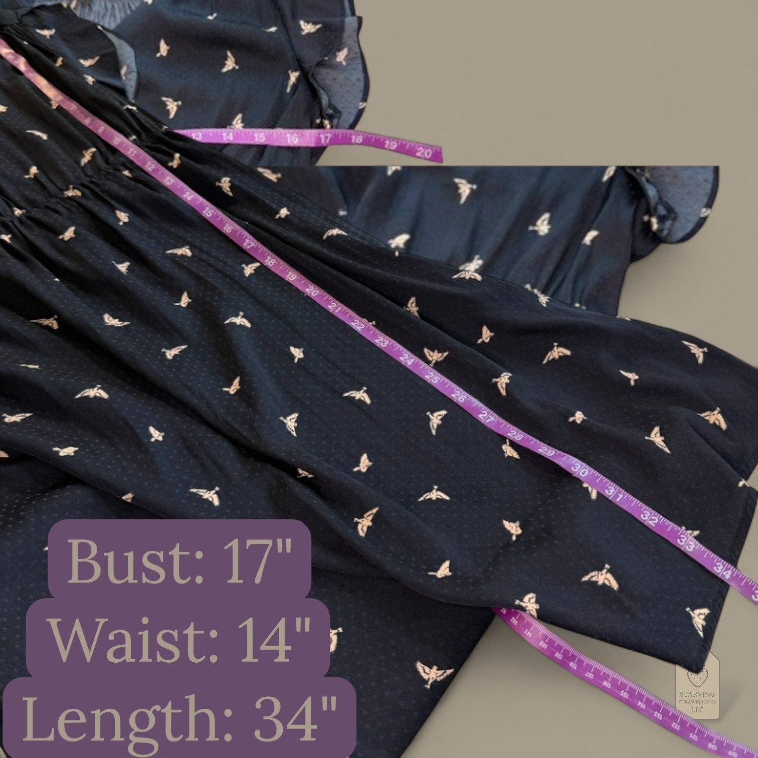 H&M Mama Navy Bird Print Dress | Flutter Sleeve Belted V-Neck | Maternity Small