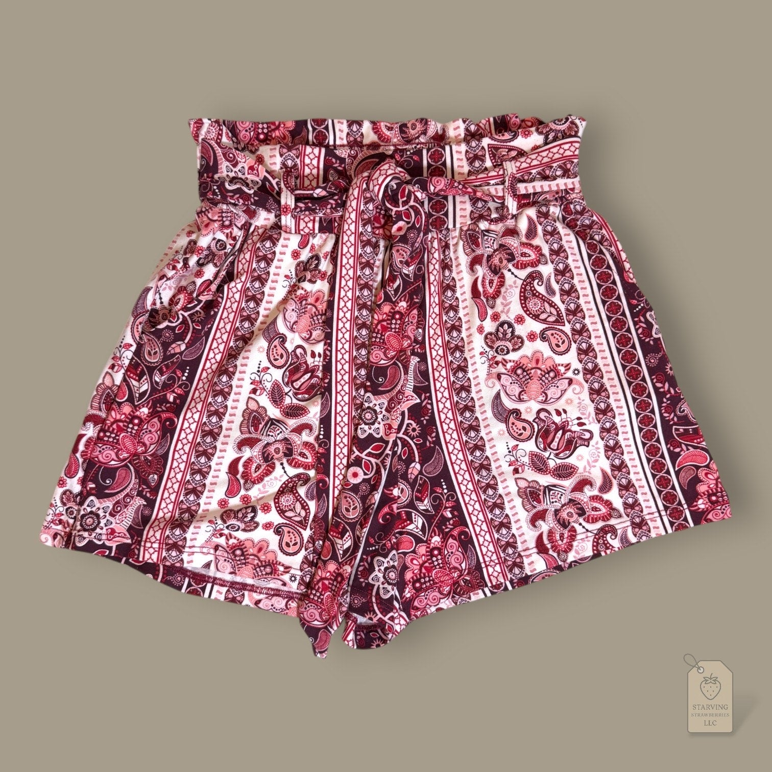 Classic Shosho Paisley Paperbag Waist Shorts & Self-Tie Belt Burgundy