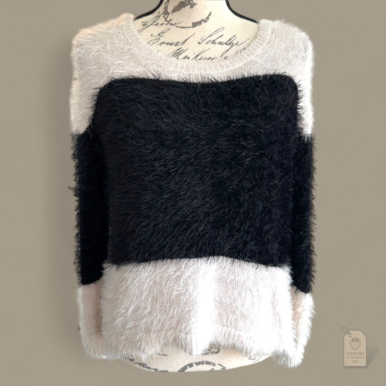 Vince Camuto PS Fuzzy Colorblock Sweater White Black Eyelash Knit Pullover