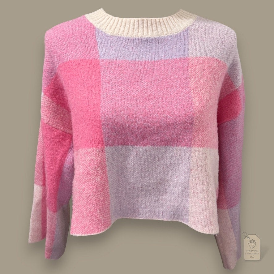 Jessica Simpson Pink & Lavender Plaid Cropped Sweater Women’s XS