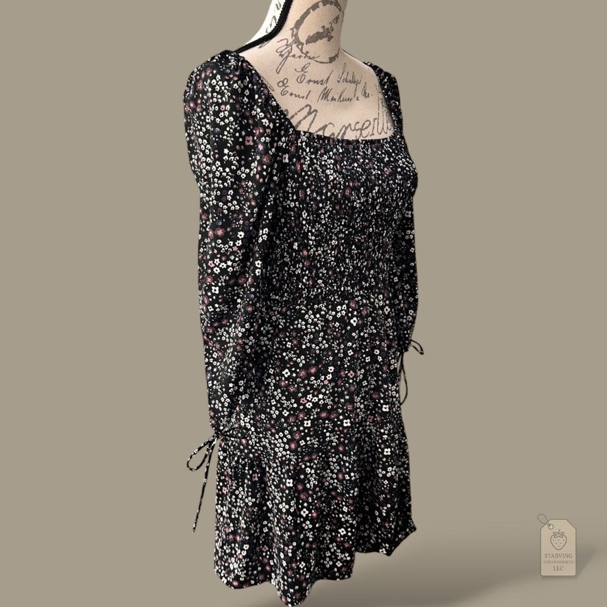Topshop Smocked Floral Mini Dress Black White & Pink | US 4 Square Neck