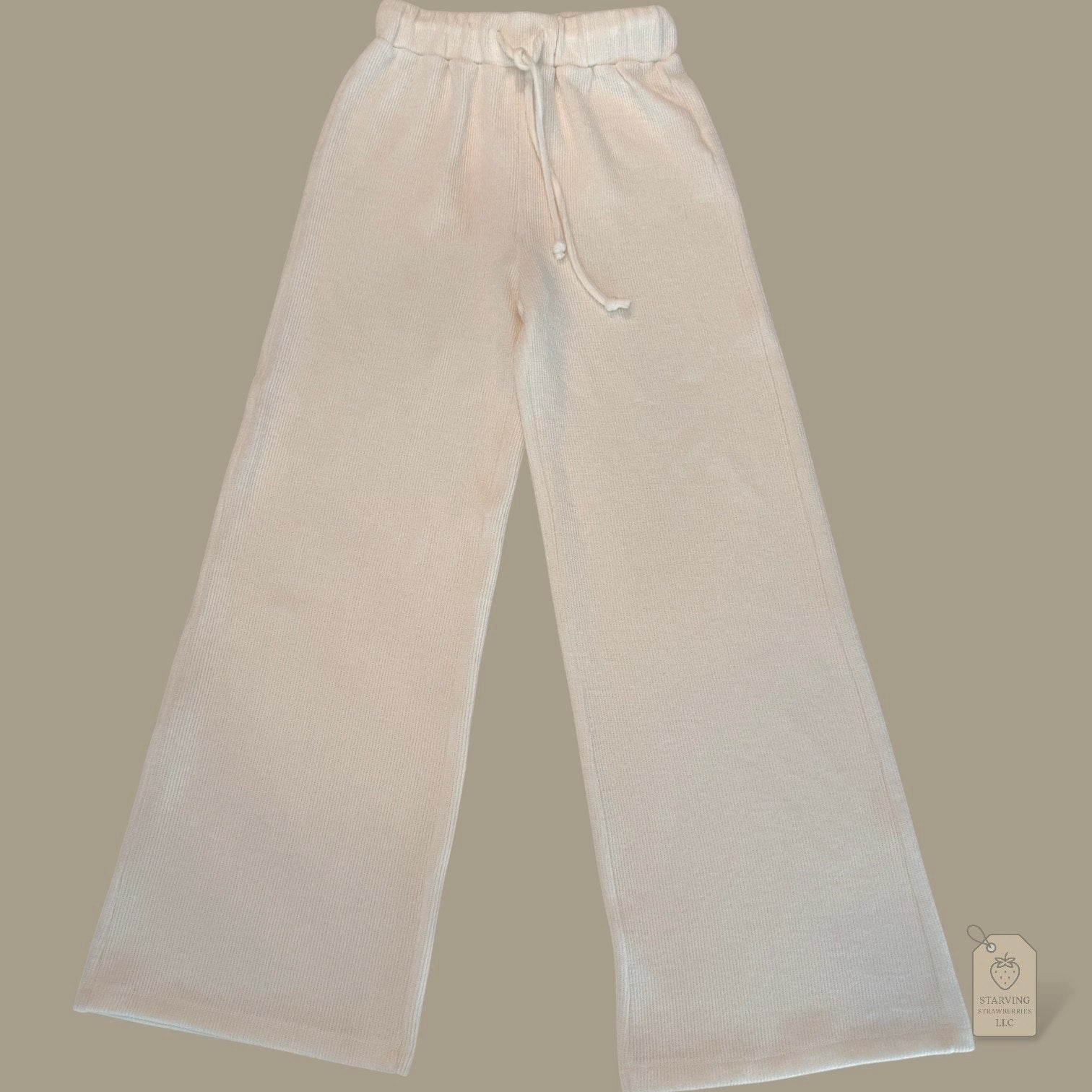 GB Cream Ribbed Knit Wide Leg Pants XS Cozy Lounge High Rise Drawstring