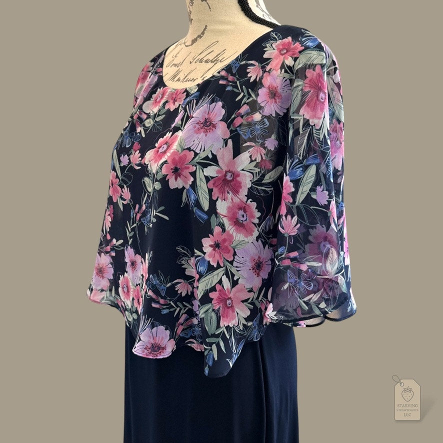 Navy Sheath Dress with Floral Chiffon Cape Overlay Size 6 Special Occasion
