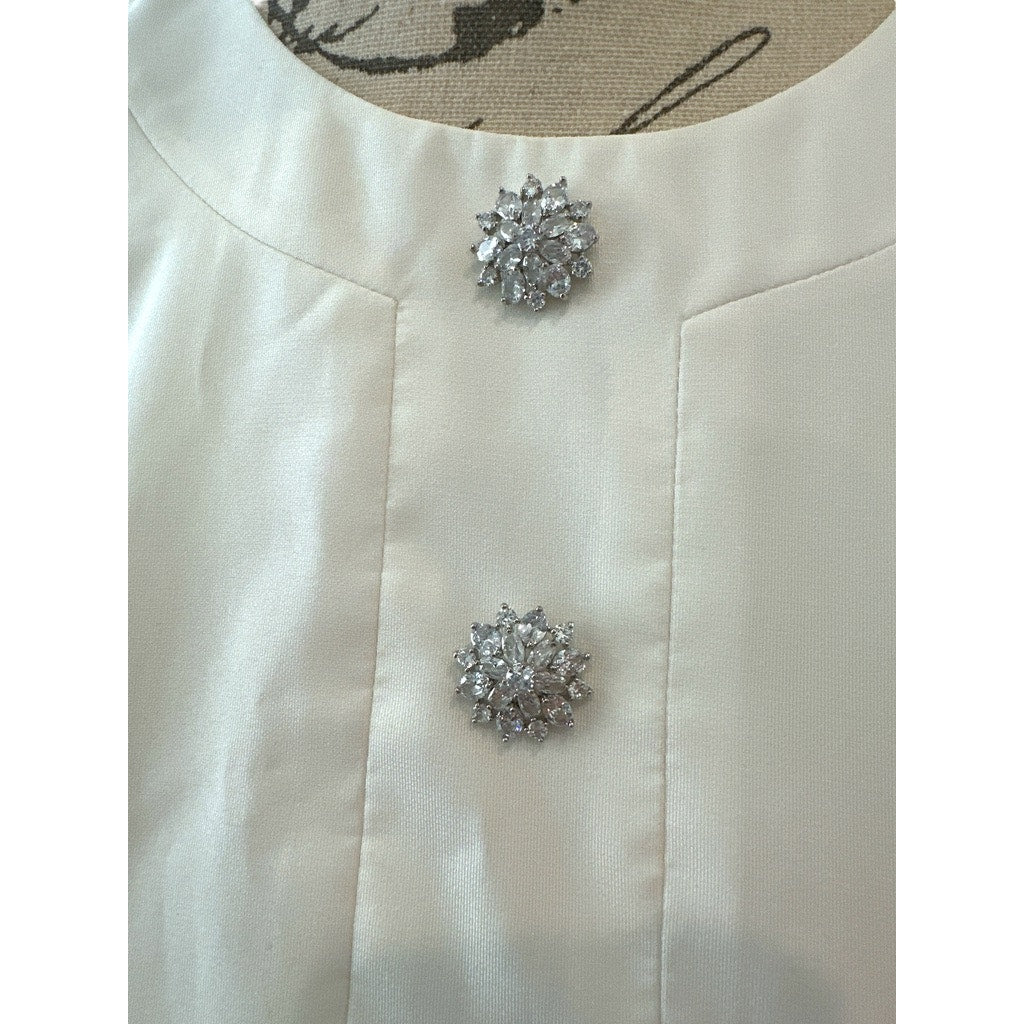 Huishan Zhang White Fit & Flare Dress | Lace Bell Sleeves & Crystal Button Detail | Size 6