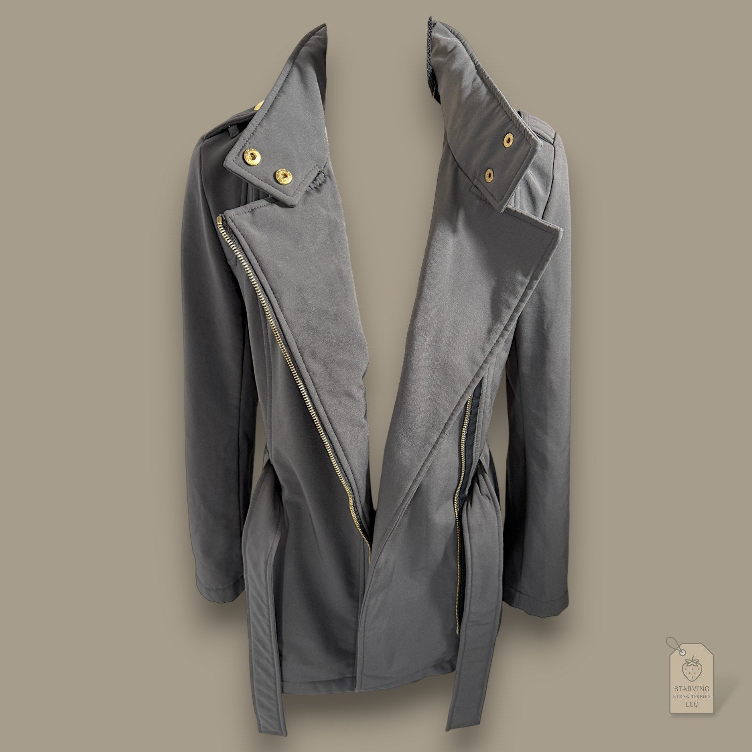MICHAEL Michael Kors Grey Softshell Trench Coat XS Gold Hardware Faux Fur Lined