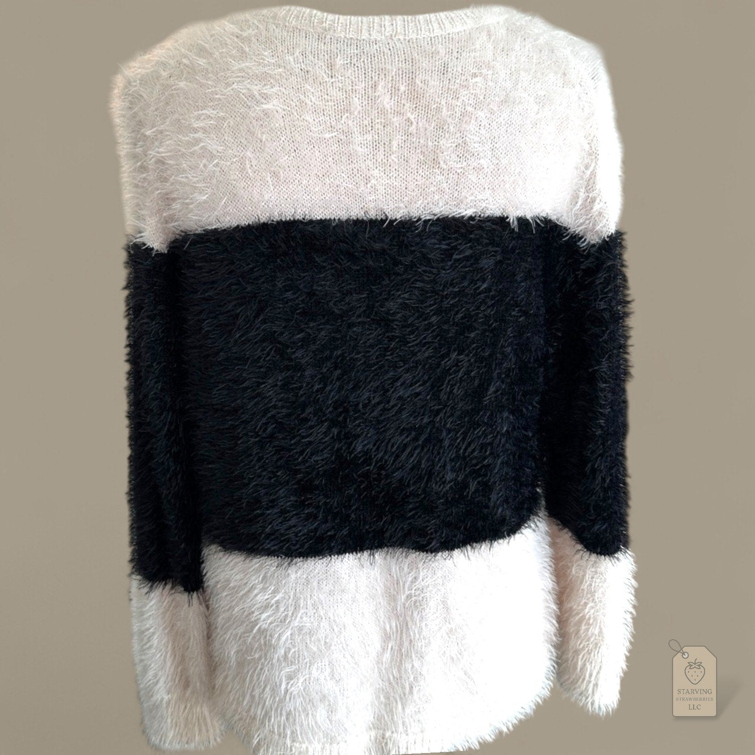 Vince Camuto PS Fuzzy Colorblock Sweater White Black Eyelash Knit Pullover