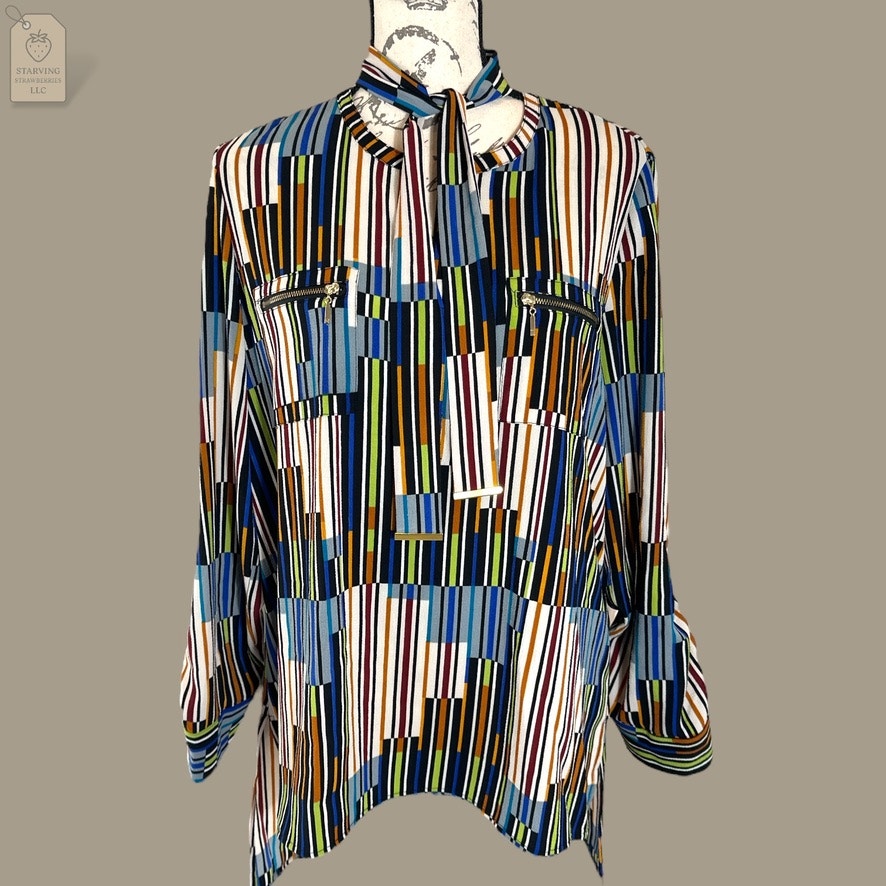 | Rafaella | Multiple Color Geometric Stripes High Low V-Neck Blouse Tunic