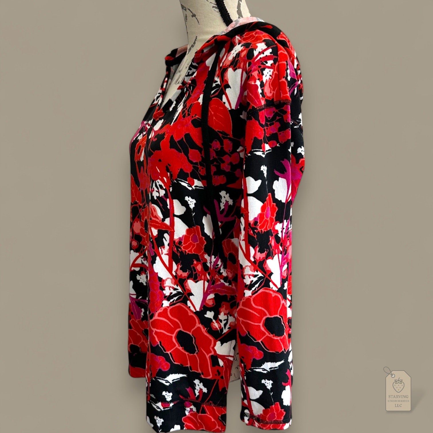 LuLaRoe Eliza Hoodie Sweatshirt Women’s Small Red Black White Floral Print Long Sleeve